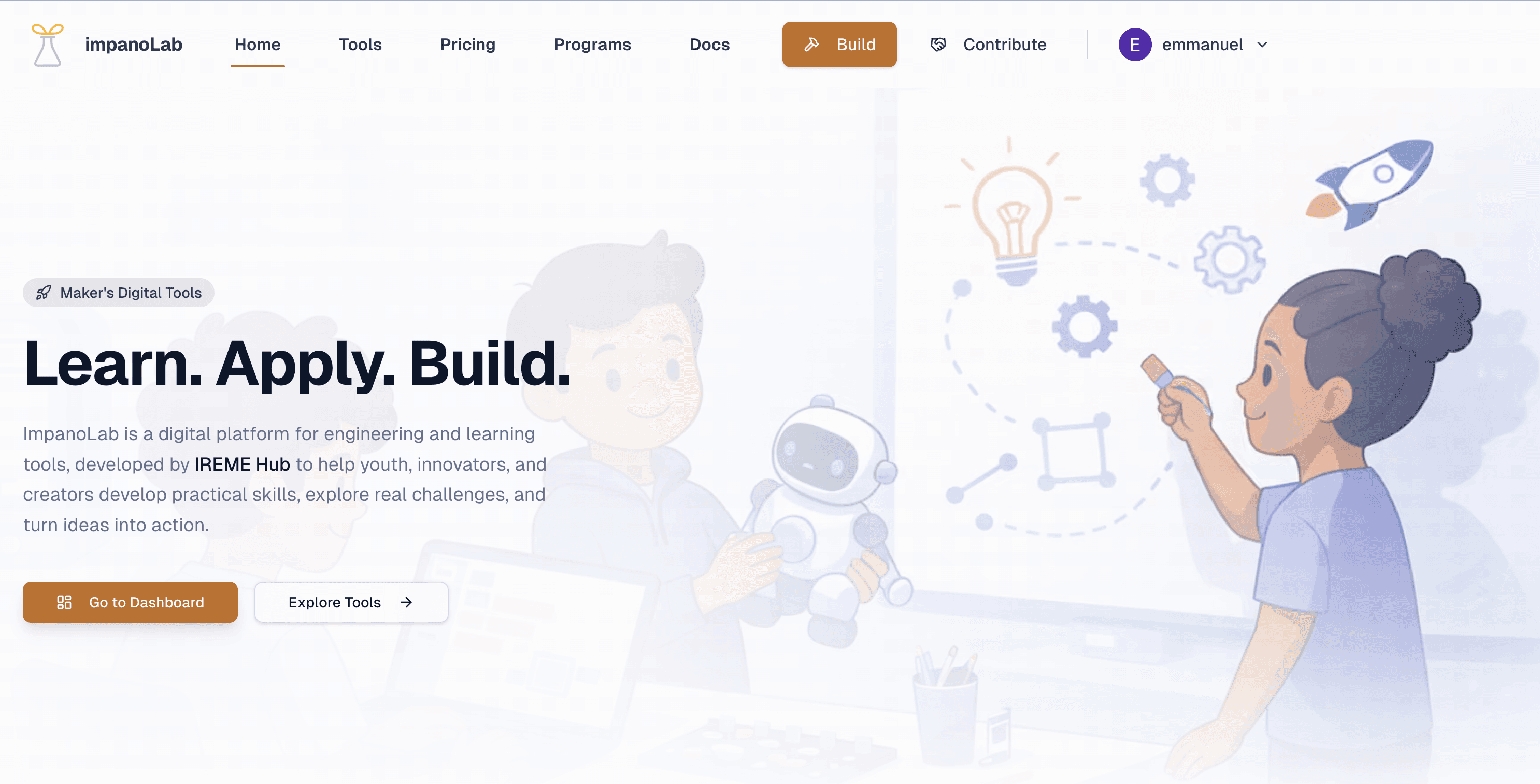 The ImpanoLab home page, headed “Learn. Apply. Build.”, with buttons to open the dashboard or explore the tools, and navigation for Home, Tools, Pricing, Programs and Docs.
